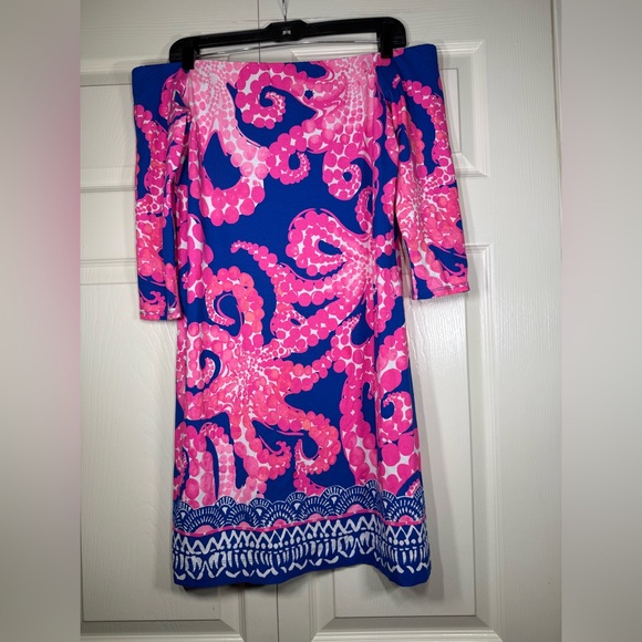 Lilly Pulitzer Laurana Ikat Blue Mocean Engineered Off Shoulder Jersey Dress - Picture 6 of 6